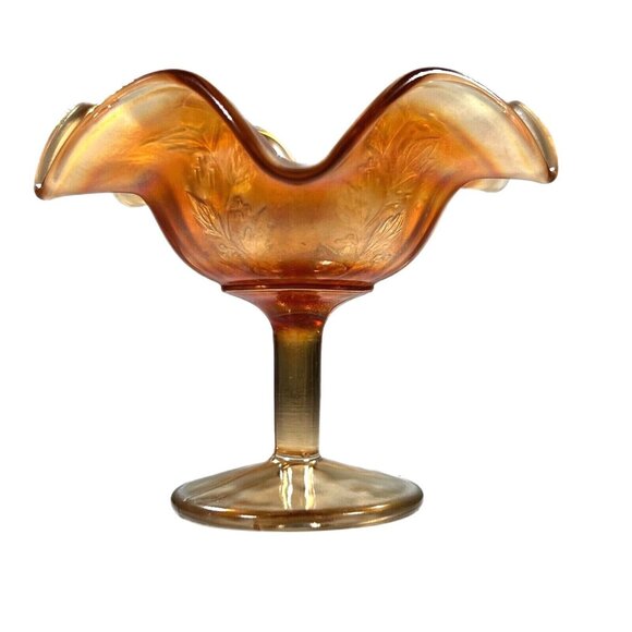 Footed Marigold Carnival Glass Footed Compote Holly & Berry 4" tall 4.75" wide - Picture 4 of 10